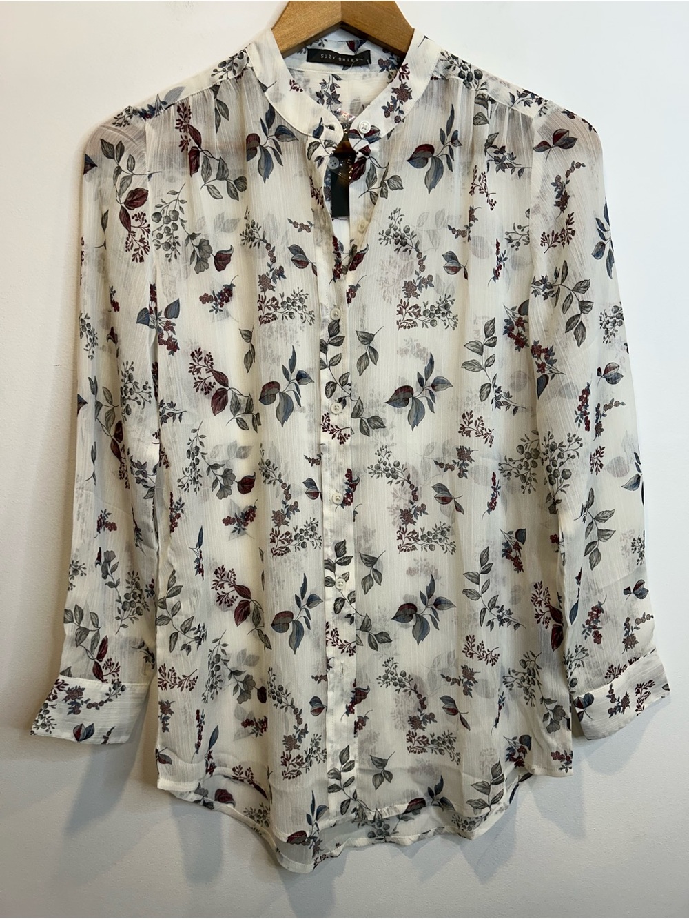 Suzy Shier long-sleeve sheer floral print blouse White